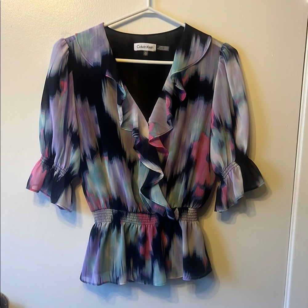 Calvin Klein Purple and Blue Ruffled Peplum Blouse